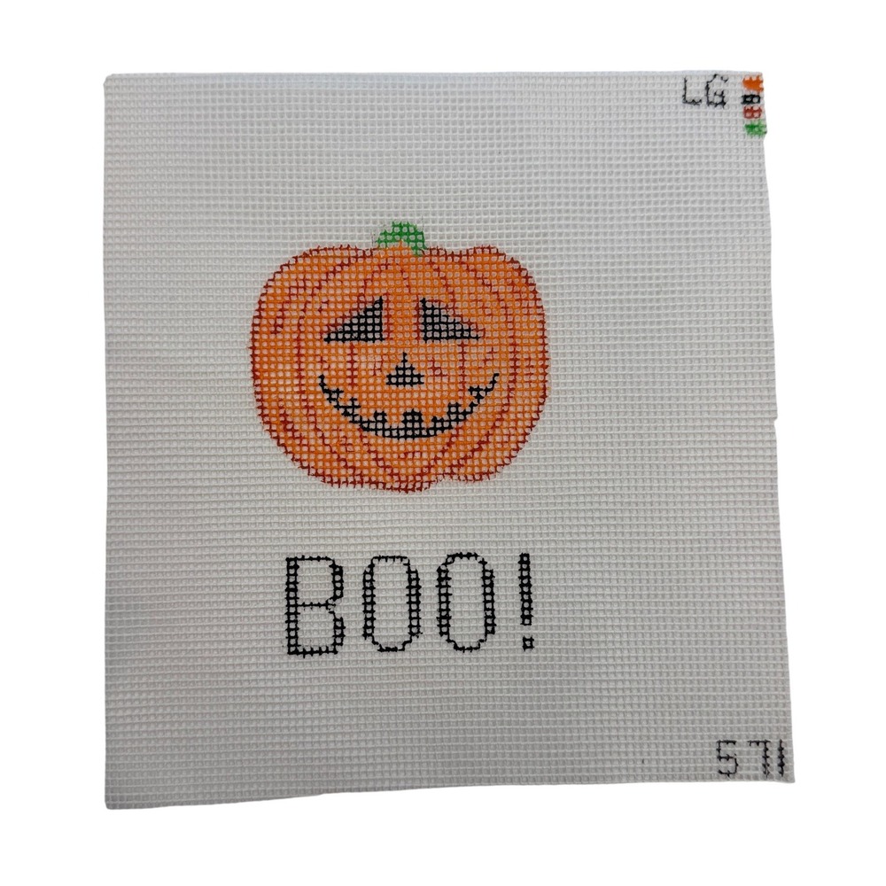 LG Needlepoint Canvas Pumpkin Boo Hand Painted Halloween Orange White LG 571